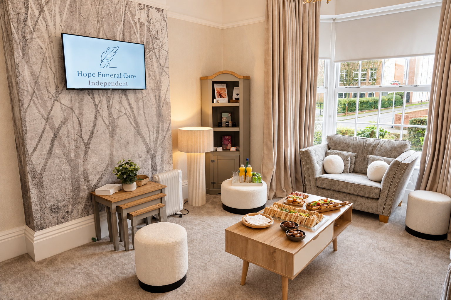 The calm lounge at Hope Funeral Care, with armchair, refreshments and a bay window