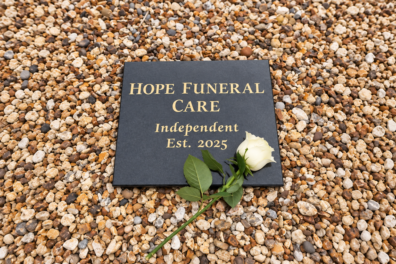 A dark memorial plaque with gold Hope Funeral Care lettering and a white rose