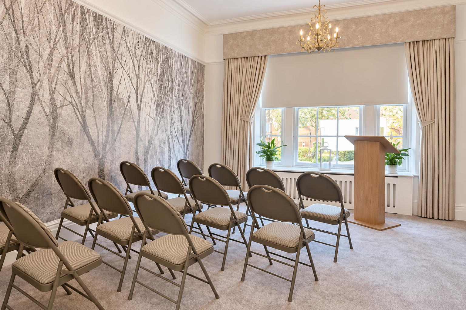 A quiet room at Hope Funeral Care with rows of seating beside a window