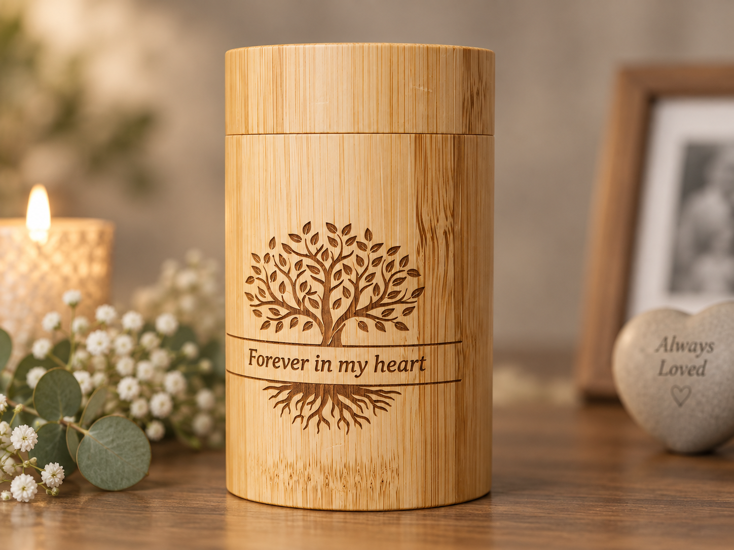 A bamboo keepsake urn engraved with a tree and the words Forever in my heart