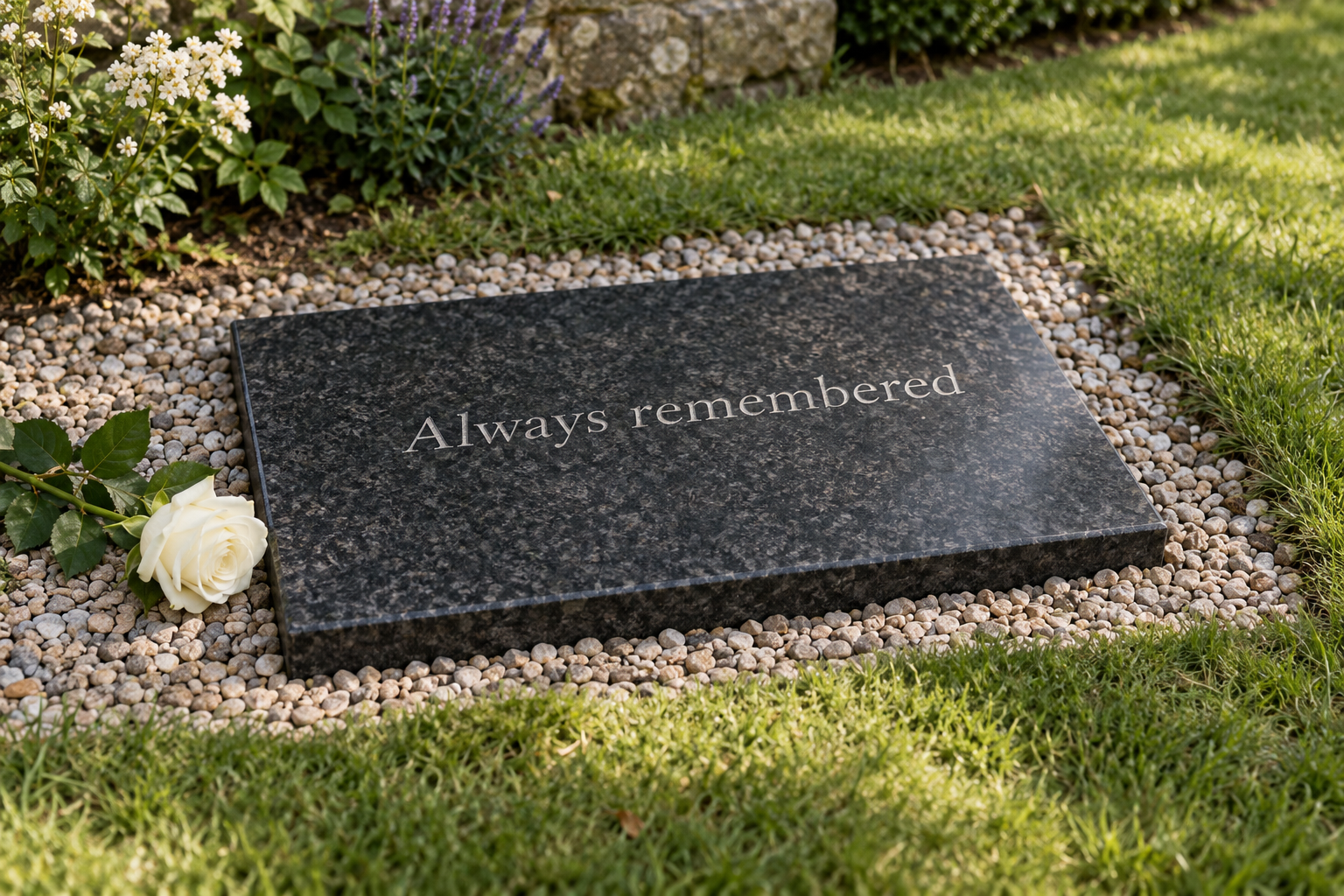 An illustrative flat granite grave marker with a white rose