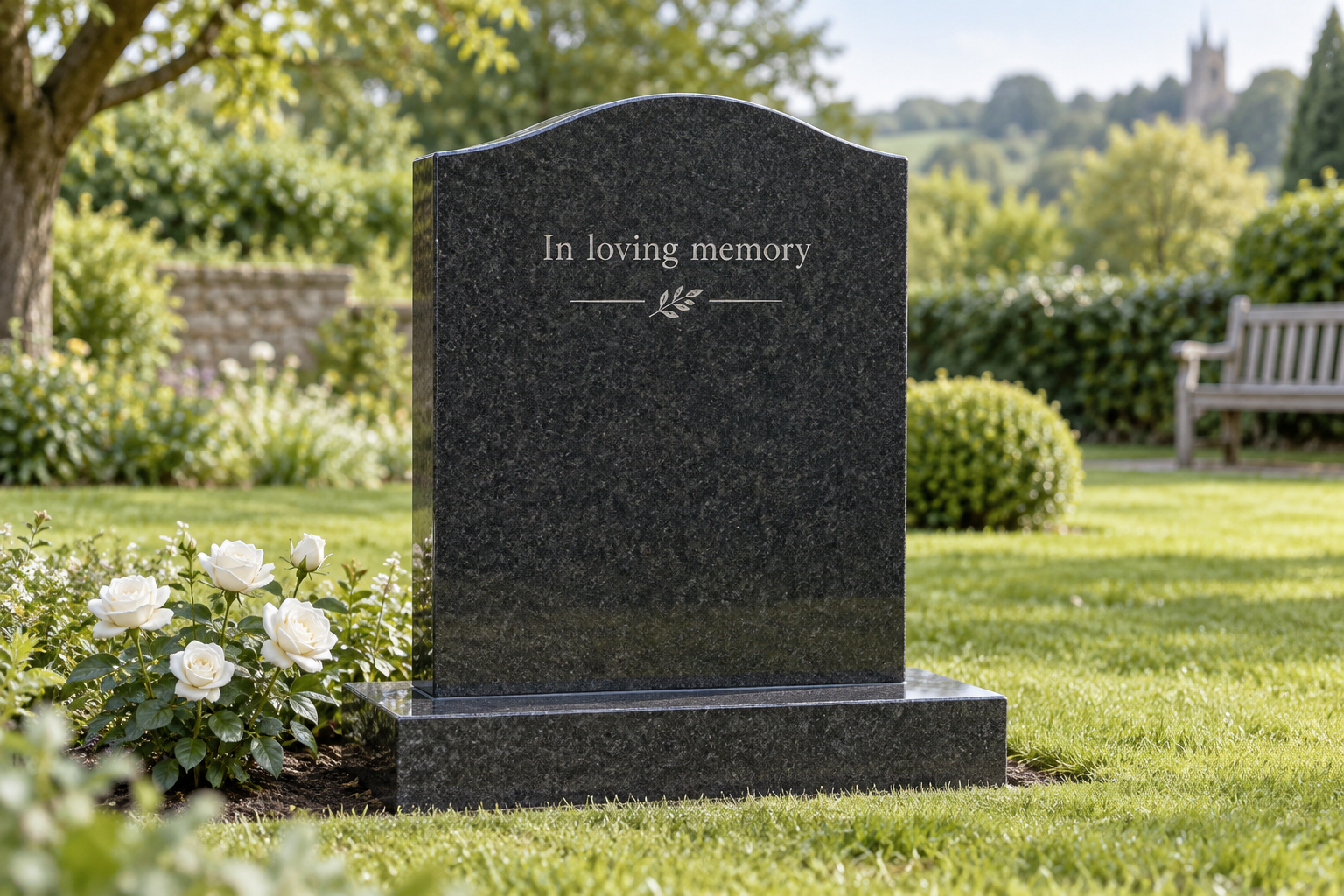 An illustrative dark granite headstone in a quiet memorial garden