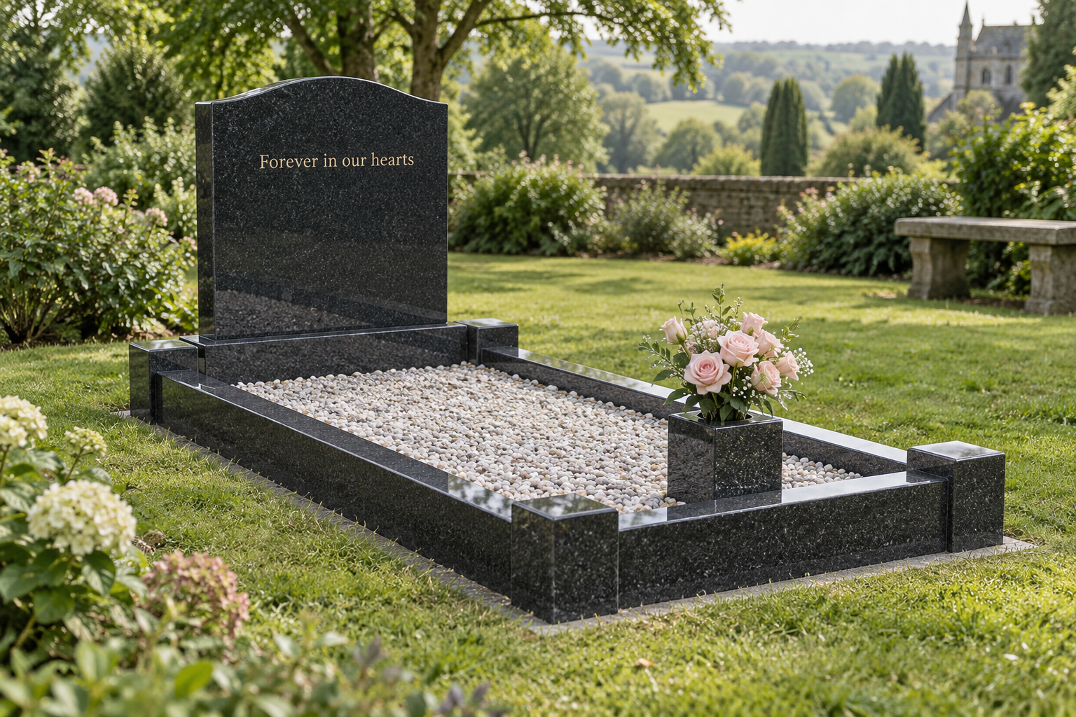 An illustrative full granite memorial with kerb edging and pale pink roses