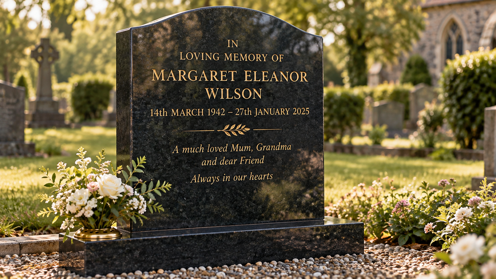 A black granite headstone with gold lettering and white flowers in a churchyard